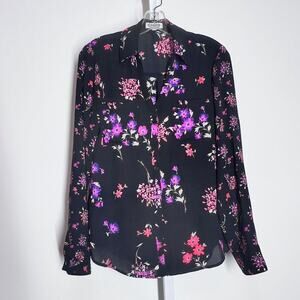 Express Portofino Shirt Womens Size Small Floral Blouse Black Office Cottage